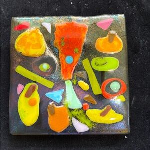 Garden In Fall 6”x6” Handmade Fused Glass Tray Amber Background Victoria Heisler